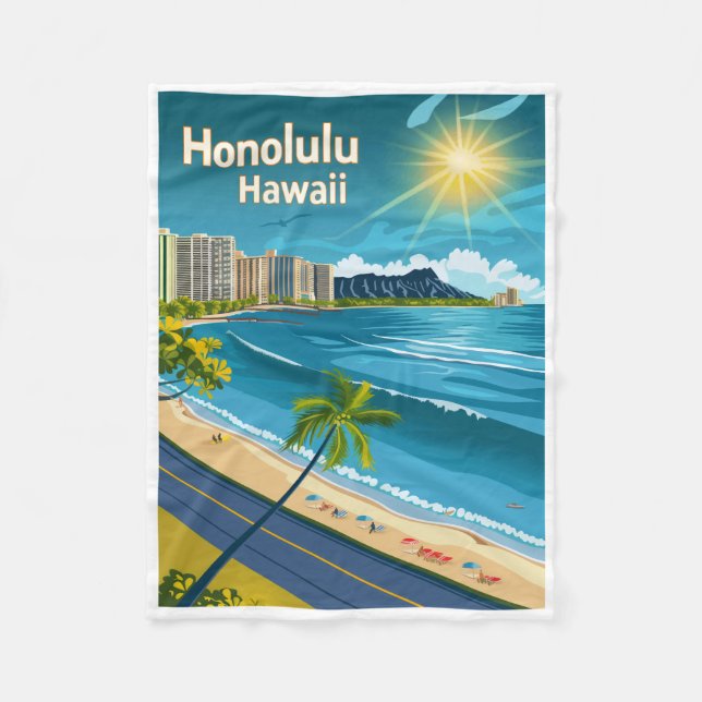 Honolulu Hawaii - Coastal View Vintage Travel Fleece Blanket (Front)