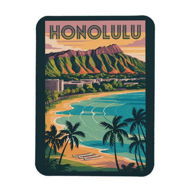 Honolulu Hawaii Illustration Travel Art Vintage Magnet (Vertical)