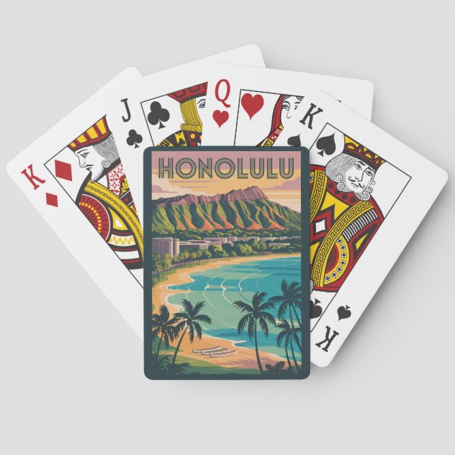 Honolulu Hawaii Illustration Travel Art Vintage Playing Cards (Back)