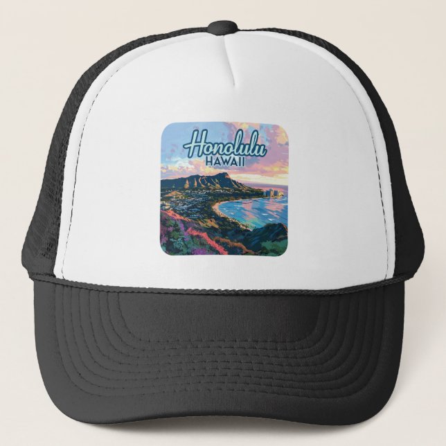 Honolulu Hawaii Oahu Waikiki Beach Diamondhead Trucker Hat (Front)