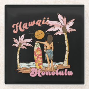 Honolulu Hawaii Retro Surf Tropical Beach Glass Coaster