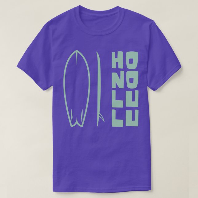 Honolulu Hawaii Standing Surfboard TShirt (Design Front)