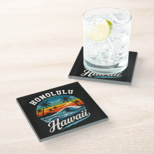 Honolulu Hawaii Surf Sunset Glass Coaster