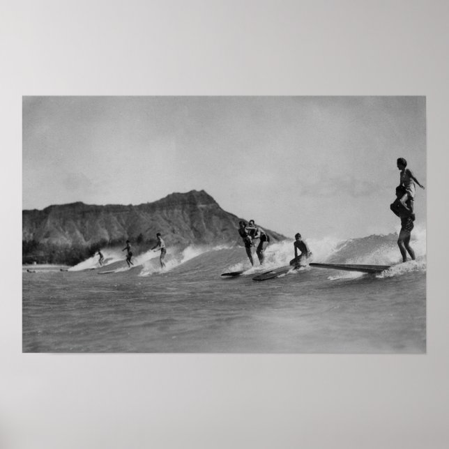 Honolulu, Hawaii - Surfers off Waikiki Beach Poster (Front)