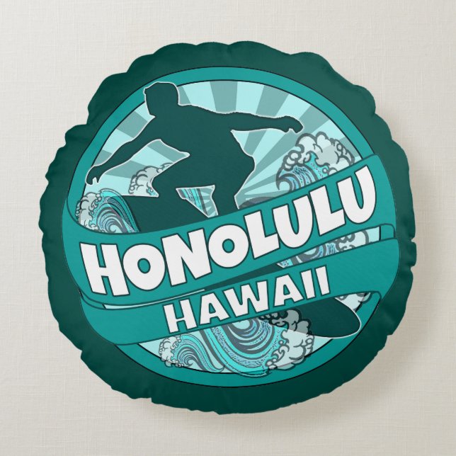 Honolulu Hawaii teal surfer logo round pillow (Front)