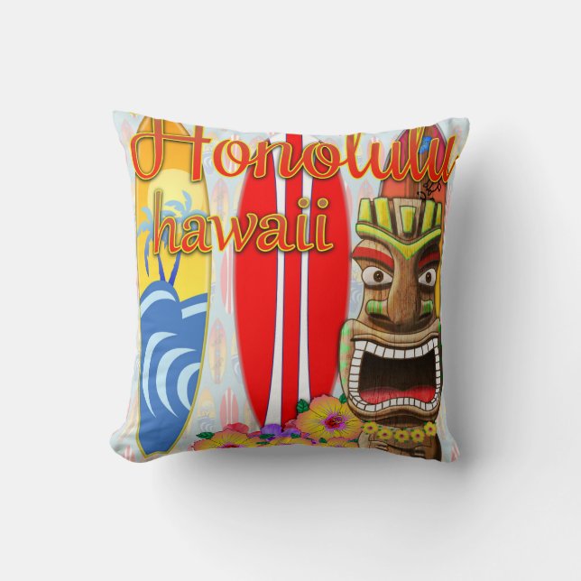Honolulu Hawaii Tiki Surf Cushion (Front)