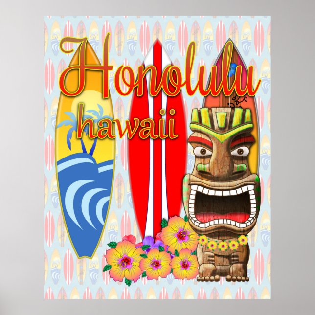 Honolulu Hawaii Tiki Surf Poster (Front)