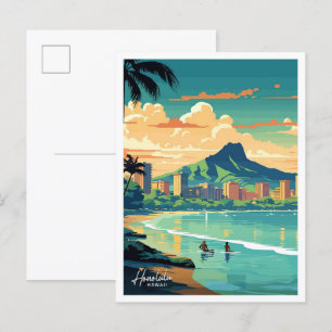 Honolulu Hawaii Travel Vintage illustration Postcard