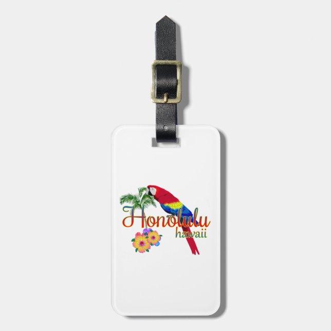 Honolulu Hawaii Tropical Parrot Luggage Tag (Front Vertical)