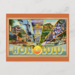 Honolulu Hawaii vintage postcard<br><div class="desc">Imagine Hawaii as it was when it became our 50th state in this original design with a retro vibe,  big letter postcard style incorporation vintage illustrations from the golden age of postcard art.</div>