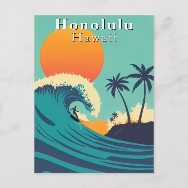 Honolulu Hawaii Vintage Surfing Travel Postcard (Front)
