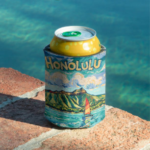 Honolulu Hawaii Vintage Travel Van Gogh Landscape Can Cooler