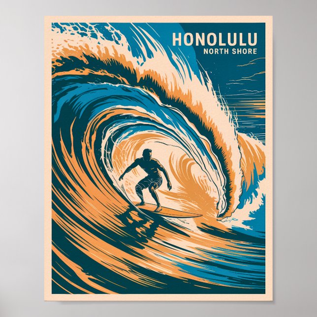 Honolulu North Shore Retro Surfing Hawaii Waves Poster (Front)