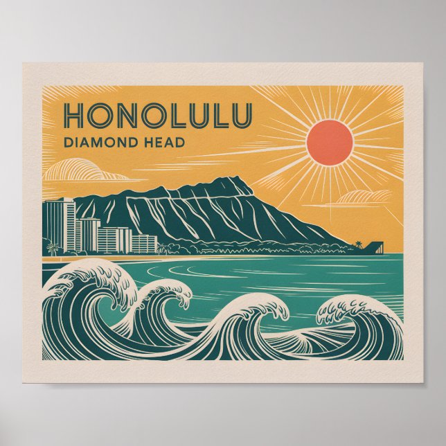 Honolulu Oahu Diamond Head Retro Mid-Century Style Poster (Front)