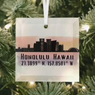 Honolulu Skyline Latitude and Longitude  Glass Tree Decoration