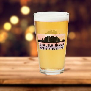 Honolulu Skyline Latitude and Longitude Pint Glass