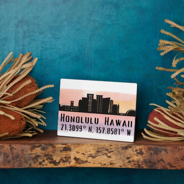 Honolulu Skyline Latitude and Longitude Tabletop Plaque (Side)