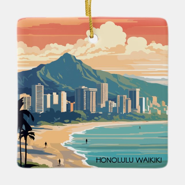 Honolulu Waikiki Beach Hawaii Panorama View Beach Ceramic Ornament (Front)