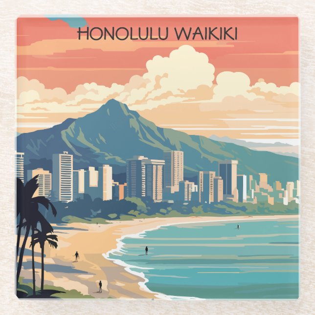 Honolulu Waikiki Beach Hawaii Panorama View Beach Glass Coaster (Front)