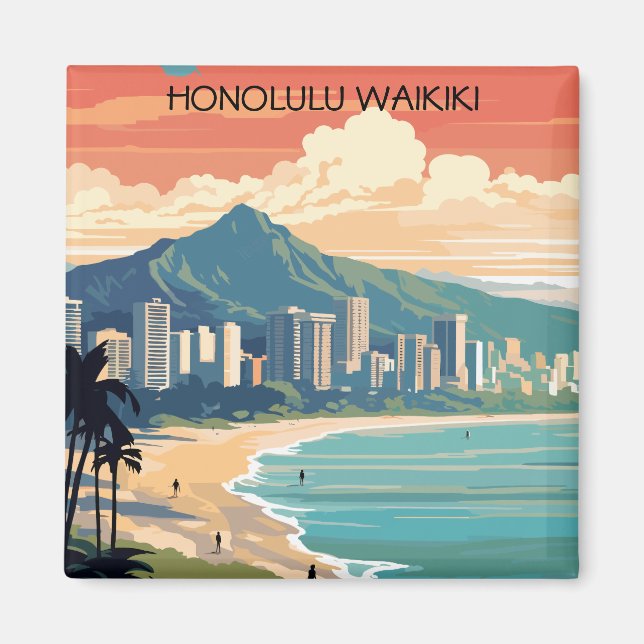 Honolulu Waikiki Beach Hawaii Panorama View Beach Magnet (Front)