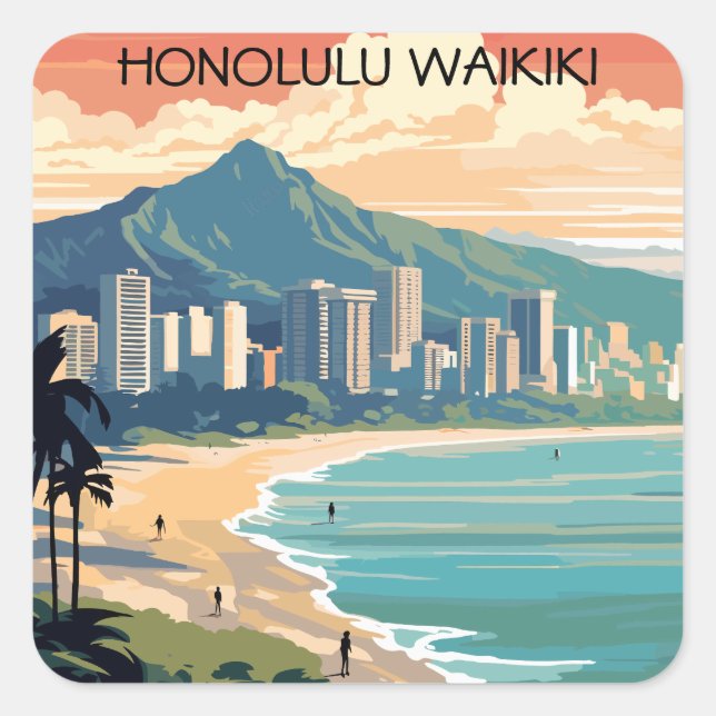 Honolulu Waikiki Beach Hawaii Panorama View Beach Square Sticker (Front)