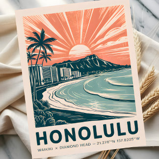 Honolulu Waikiki Diamond Head Scenic Retro Travel Postcard