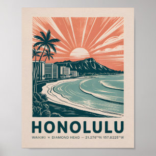 Honolulu Waikiki Diamond Head Scenic Retro Travel Poster
