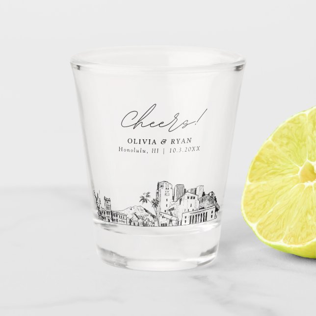 Honolulu Wedding Favour Personalised Cheers Shot Glass (Front)