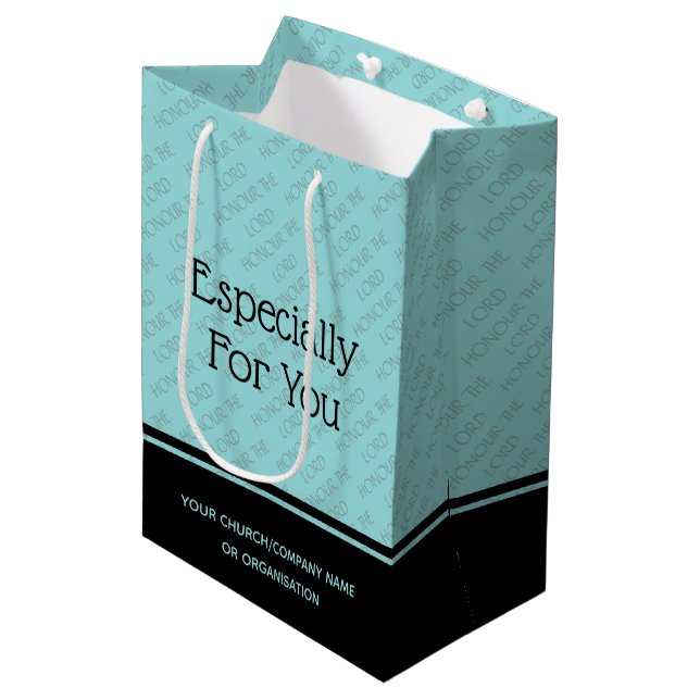 HONOR THE LORD Personalised Church Business Aqua Medium Gift Bag (Front Angled)