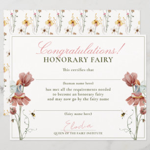 Honorary Fairy First Vintage Floral Certificate