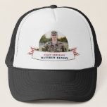 Honour Military Service Photo Trucker Hat<br><div class="desc">Honour your serviceman with these patriotic red white and blue trucker caps,  featuring a single centred circle photograph,  a stars and stripes banner with a faux foil border and placeholders for your special service person's name and rank. Great gifts for parents and grandparents! Available in men's and women's sizes.</div>