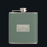 Honour the Father of the Bride: Elegant Sage Green Hip Flask<br><div class="desc">Honour the Father of the Bride with our exquisite Sage Green Vinyl Wrapped Flask. Featuring the title 'Father of Bride' in elegant white font on a sophisticated grey banner, this flask is not only a stylish accessory but also a heartfelt memento. Customise it with his name and the special date,...</div>