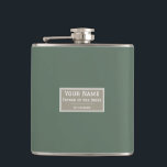 Honour the Father of the Bride: Elegant Sage Green Hip Flask<br><div class="desc">Honour the Father of the Bride with our exquisite Sage Green Vinyl Wrapped Flask. Featuring the title 'Father of Bride' in elegant white font on a sophisticated grey banner, this flask is not only a stylish accessory but also a heartfelt memento. Customise it with his name and the special date,...</div>