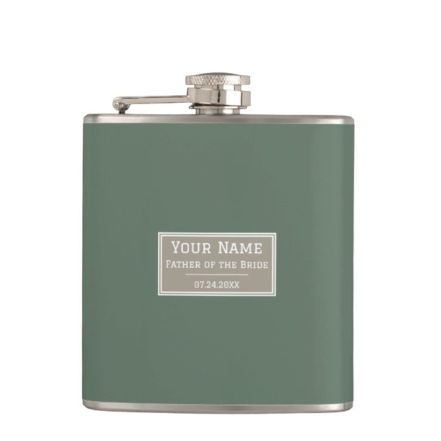 Honour the Father of the Bride: Elegant Sage Green Hip Flask (Front)
