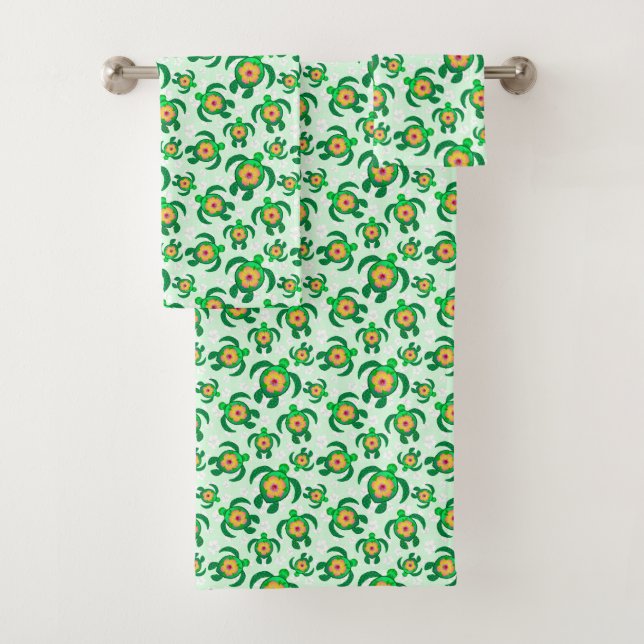 Honu Green Sea Turtles Hibiscus Flowers Bath Towel Set (Insitu)