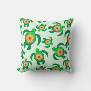 Honu Green Sea Turtles Hibiscus Flowers Cushion