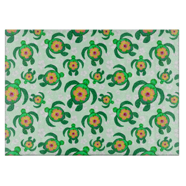 Honu Green Sea Turtles Hibiscus Flowers Cutting Board (Front)