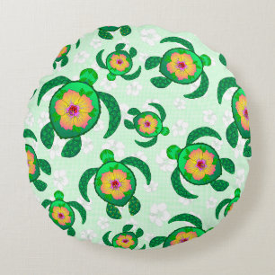 Honu Green Sea Turtles Hibiscus Flowers Round Cushion