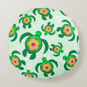 Honu Green Sea Turtles Hibiscus Flowers Round Cushion