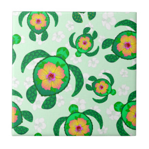 Honu Green Sea Turtles Hibiscus Flowers Tile