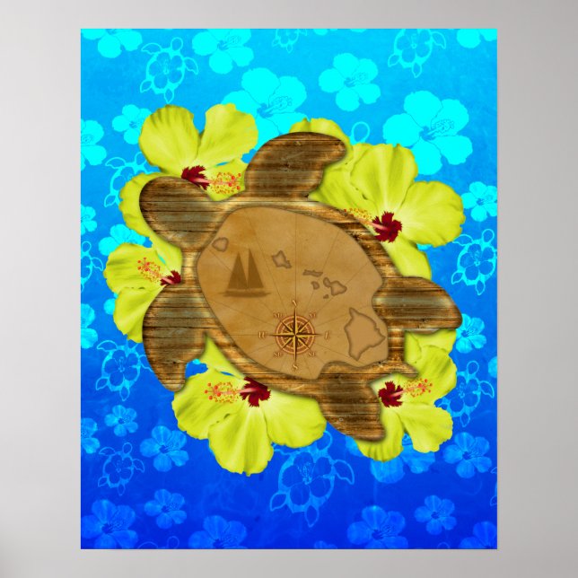 Honu Hawaiian Nautical Map Poster (Front)
