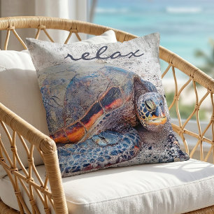 Honu Hawaiian Sea Turtle Photo Relax Script Bold Cushion