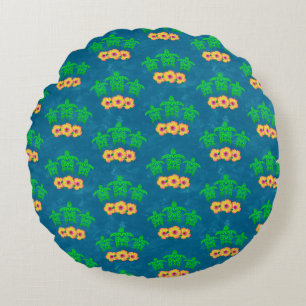 Honu Hawaiian Tribal Green Sea Turtles Round Cushion