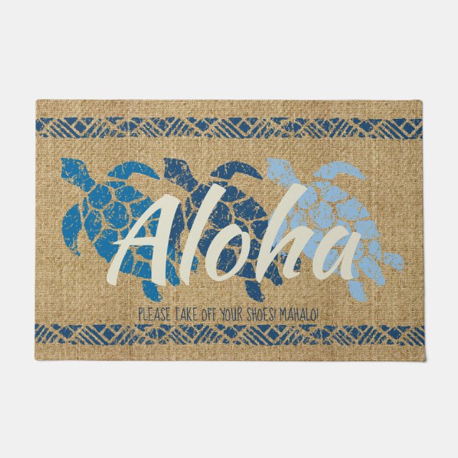 Honu Sea Triple Turtle Hawaiian Tapa Blue Doormat (Front)