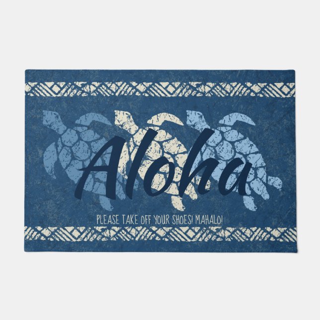 Honu Sea Triple Turtle Hawaiian Tapa Indigo Doormat (Front)