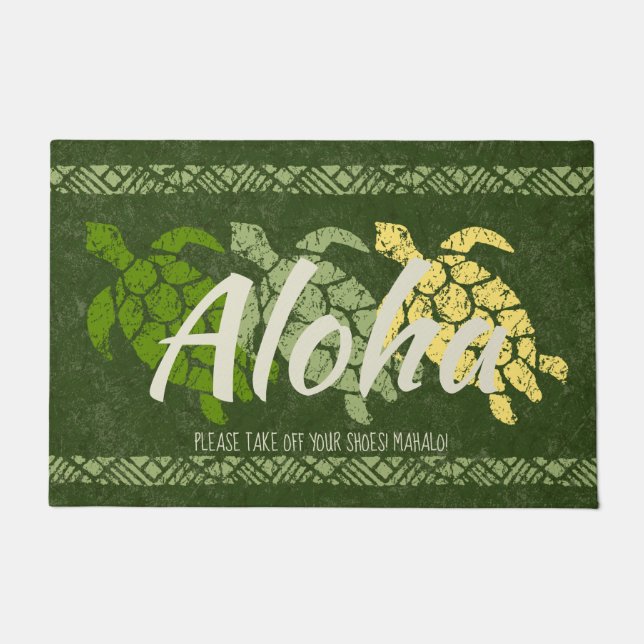 Honu Sea Triple Turtle Hawaiian Tapa Olive Doormat (Front)
