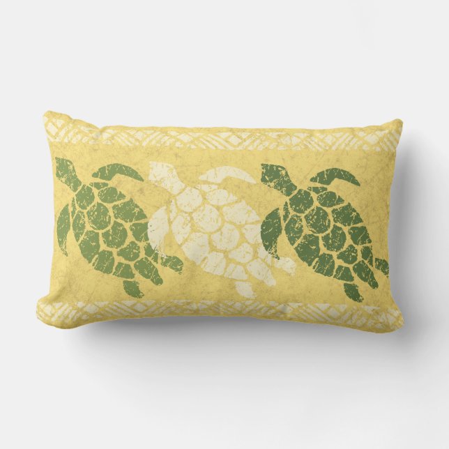 Honu Sea Turtle Hawaiian Reversible Batik - Olive Lumbar Cushion (Front)