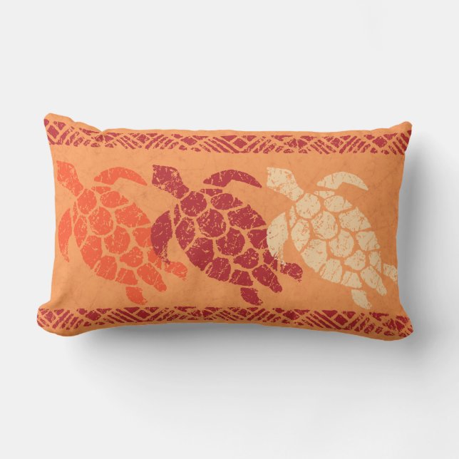 Honu Sea Turtle Hawaiian Reversible Batik - Orange Outdoor Cushion (Front)