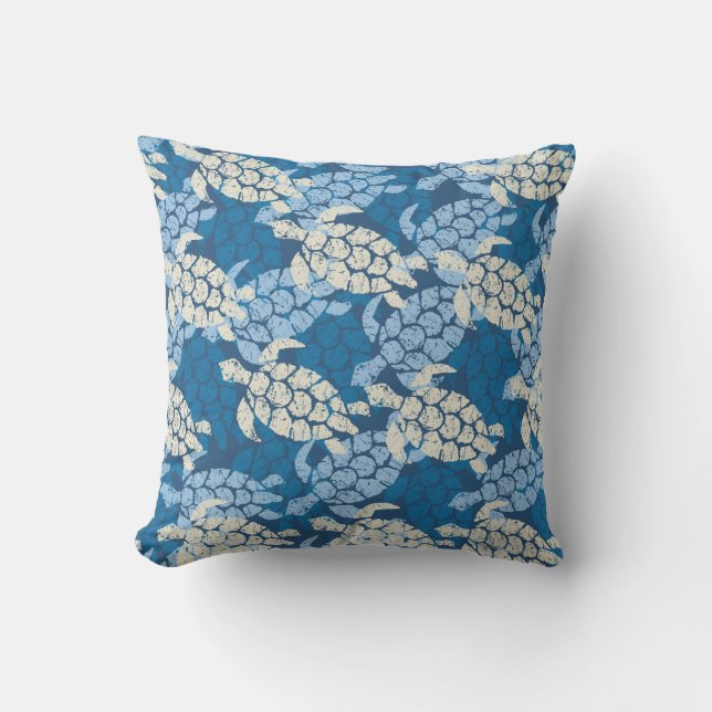 Honu Sea Turtle Hawaiian Reversible Outdoor Indigo Outdoor Cushion (Front)