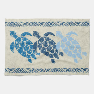 Honu Sea Turtle Hawaiian Tapa Batik -Indigo Tea Towel